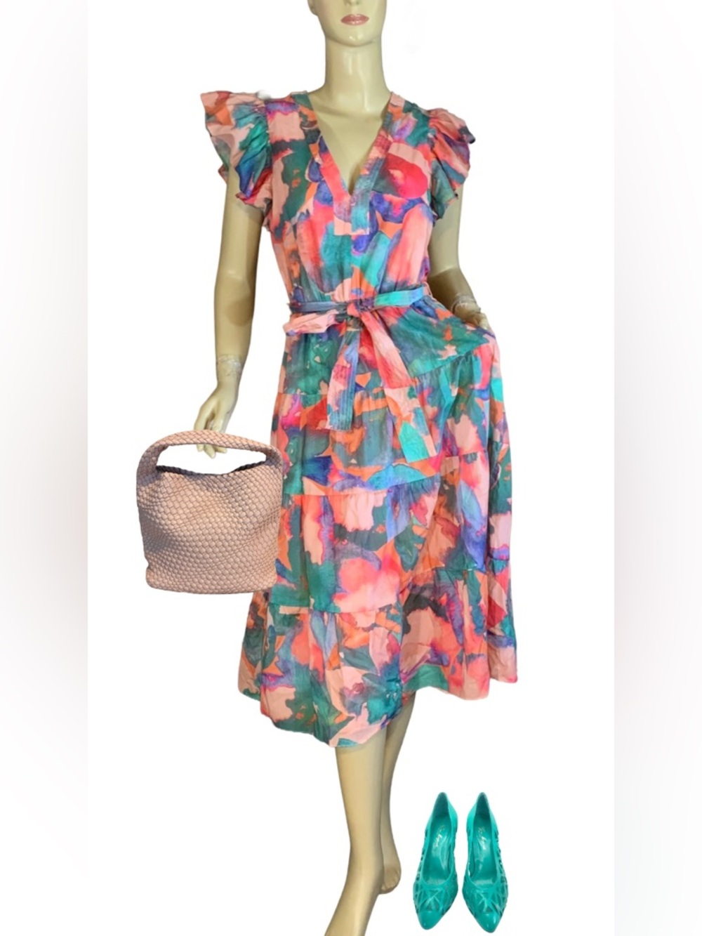 HUTCH "JOURNI" MULTI-COLOR COTTON FLUTTER SLEEVE DRESS NWT (XS)